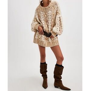 Free People Cream Embellished Cable Sweater